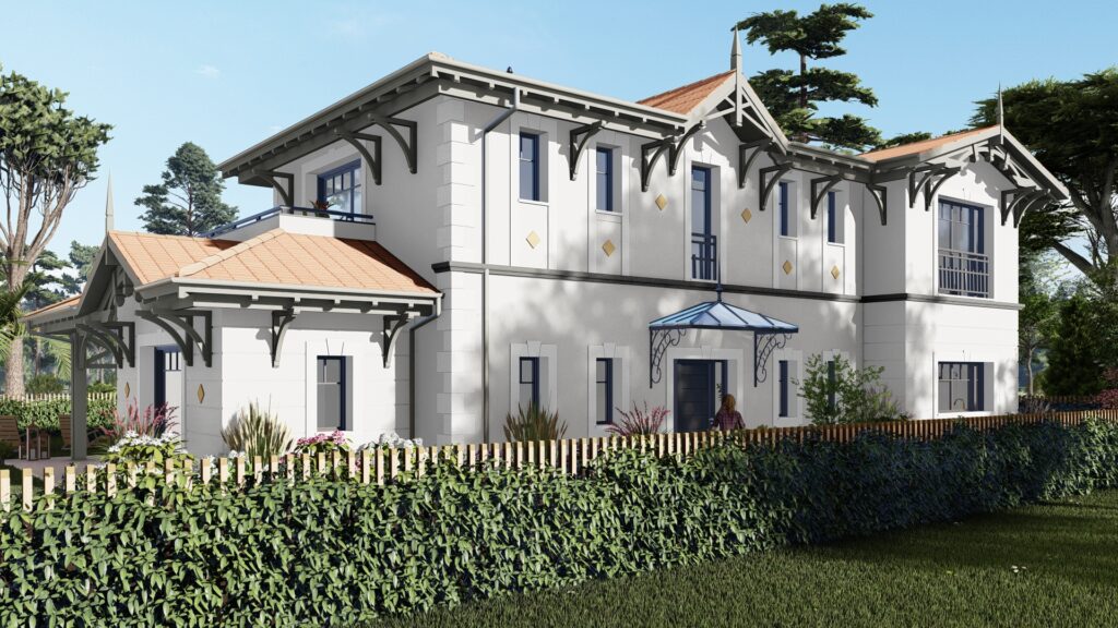 Villa néo arcachonnaise, pierre d'angle, boiseries traditionnelles, mur rideau, BSO