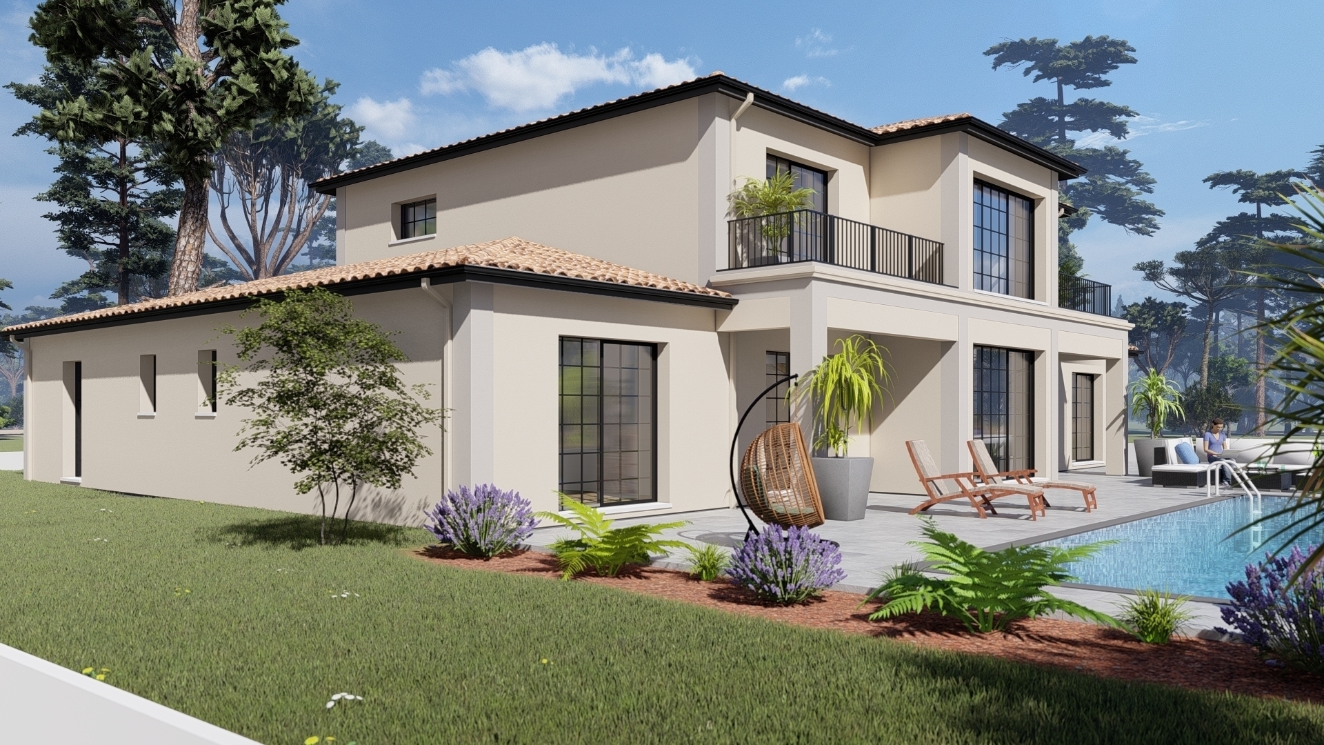 Bastide revisitée, balcon, corniches, grandes menuiseries, salon double hauteur