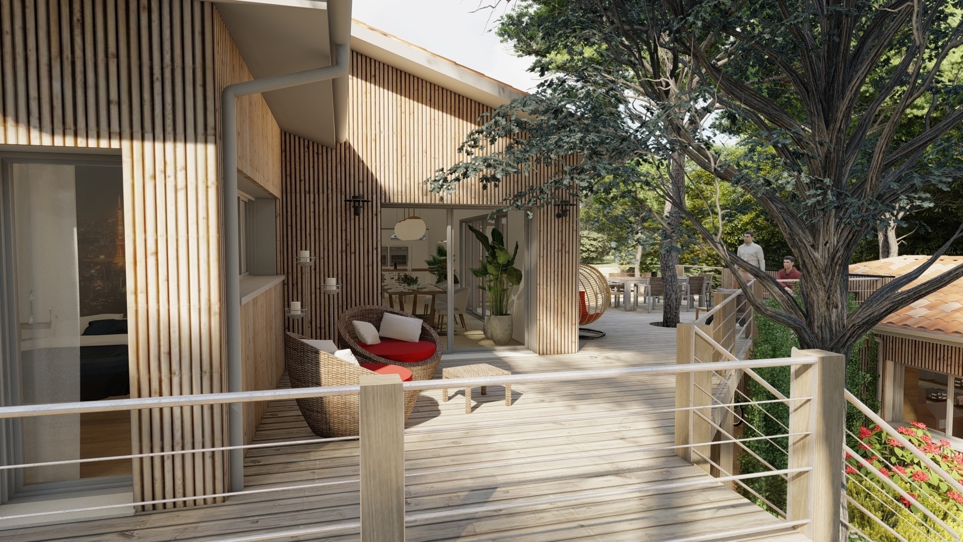 maison cabane sous les pins, terrasses sur pilotis, bardage bois
