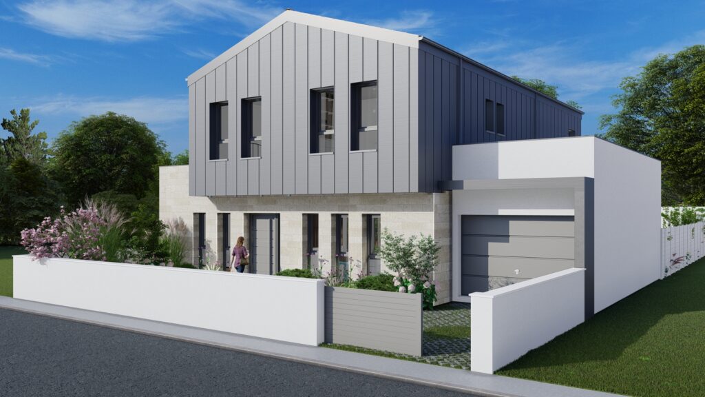 Maison de ville, jeux de matériaux joint debout et parement type pierre de gironde, volume tuile en porte à faux