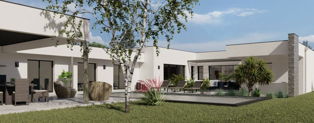 villa contemporaine inspiration californie, jardin terrasse piscine centrale, toit-terrasse mur déco pierre barbecue