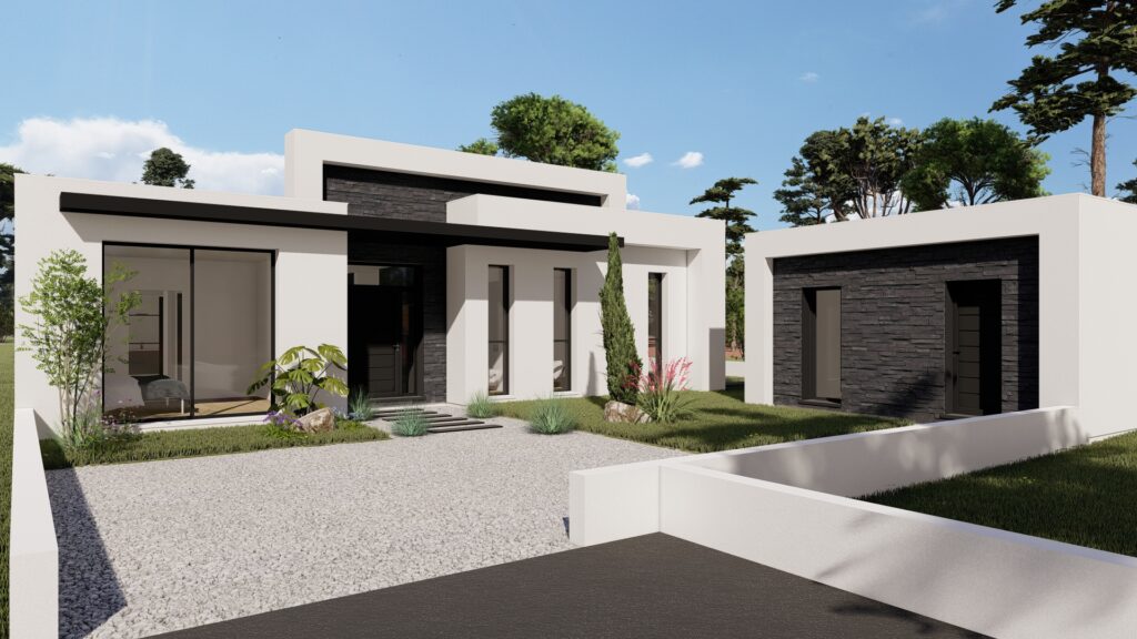 Villa contemporaine tout toit terrasse, décrochés décalages, volumes, parement pierre