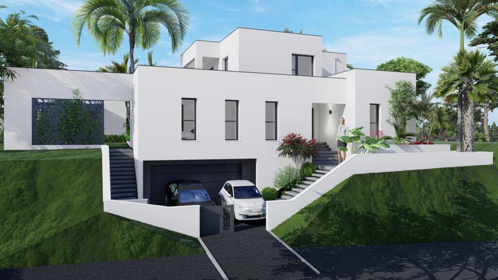 VIlla moderne inscrite dans la pente , volumes sur 3 niveaux, bac acier joint debout