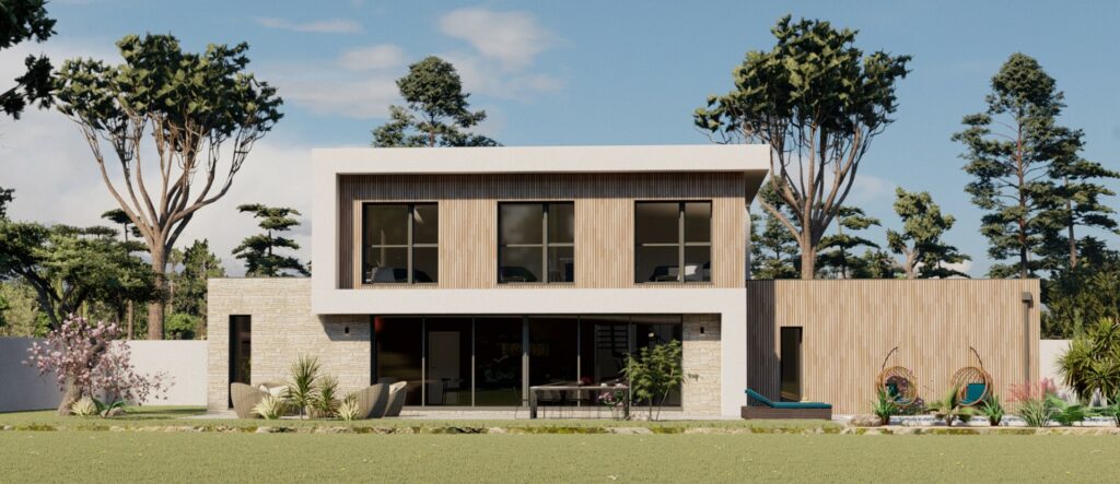 Villa de standing contemporaine ville, matériaux nobles, pierres bois, larges ouvertures, porte-à-faux