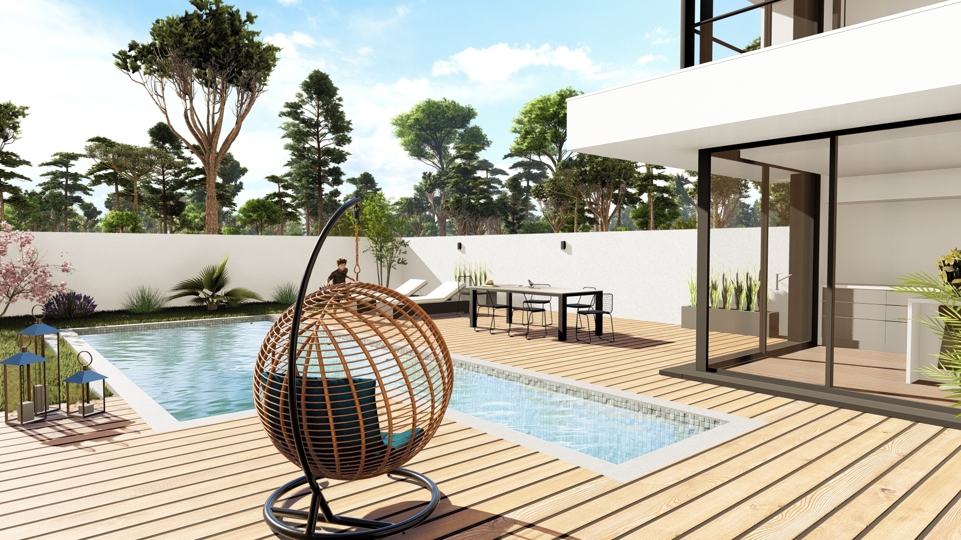 piscine, terrasse, menuiserie sur mesure, baie d'angle