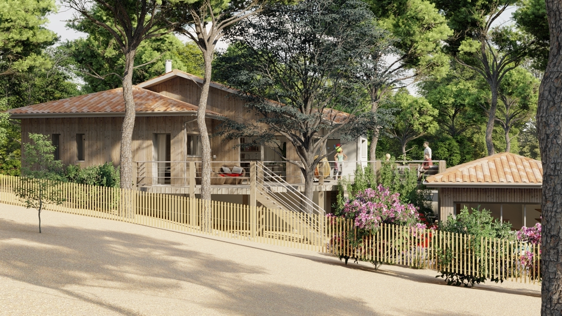 maison cabane sous les pins, terrasses sur pilotis, bardage bois