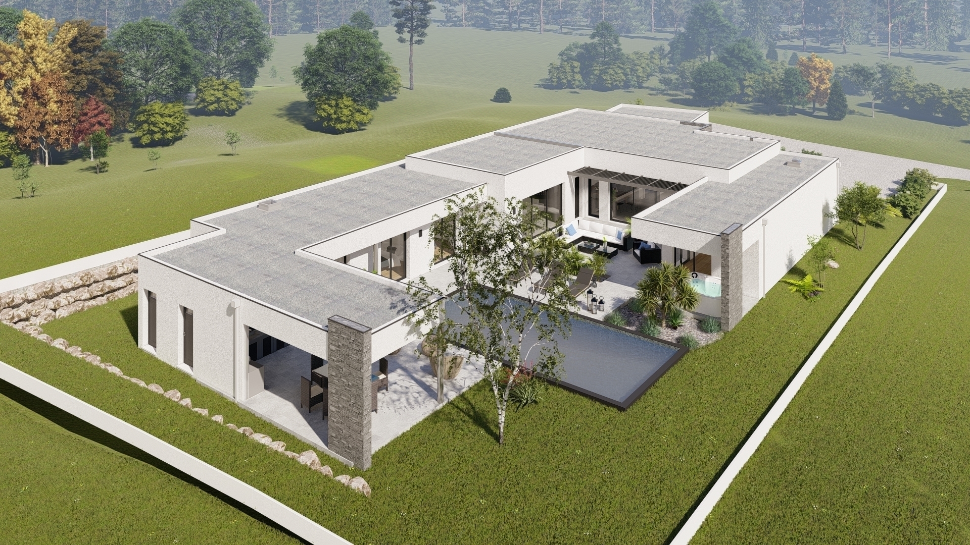 villa contemporaine inspiration californie, jardin terrasse piscine centrale, toit-terrasse mur déco pierre barbecue