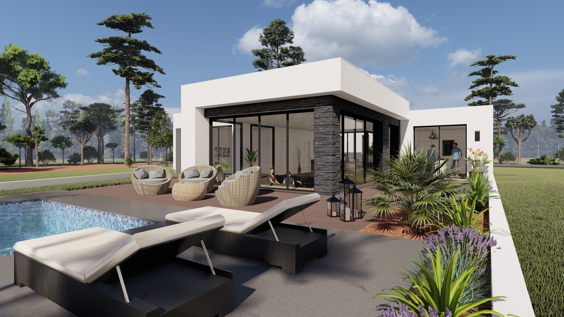 Villa contemporaine tout toit terrasse, décrochés décalages, volumes, parement pierre