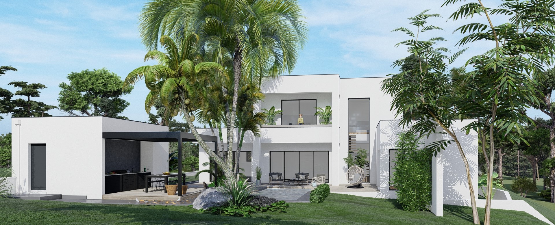 VIlla moderne inscrite dans la pente , volumes sur 3 niveaux, bac acier joint debout