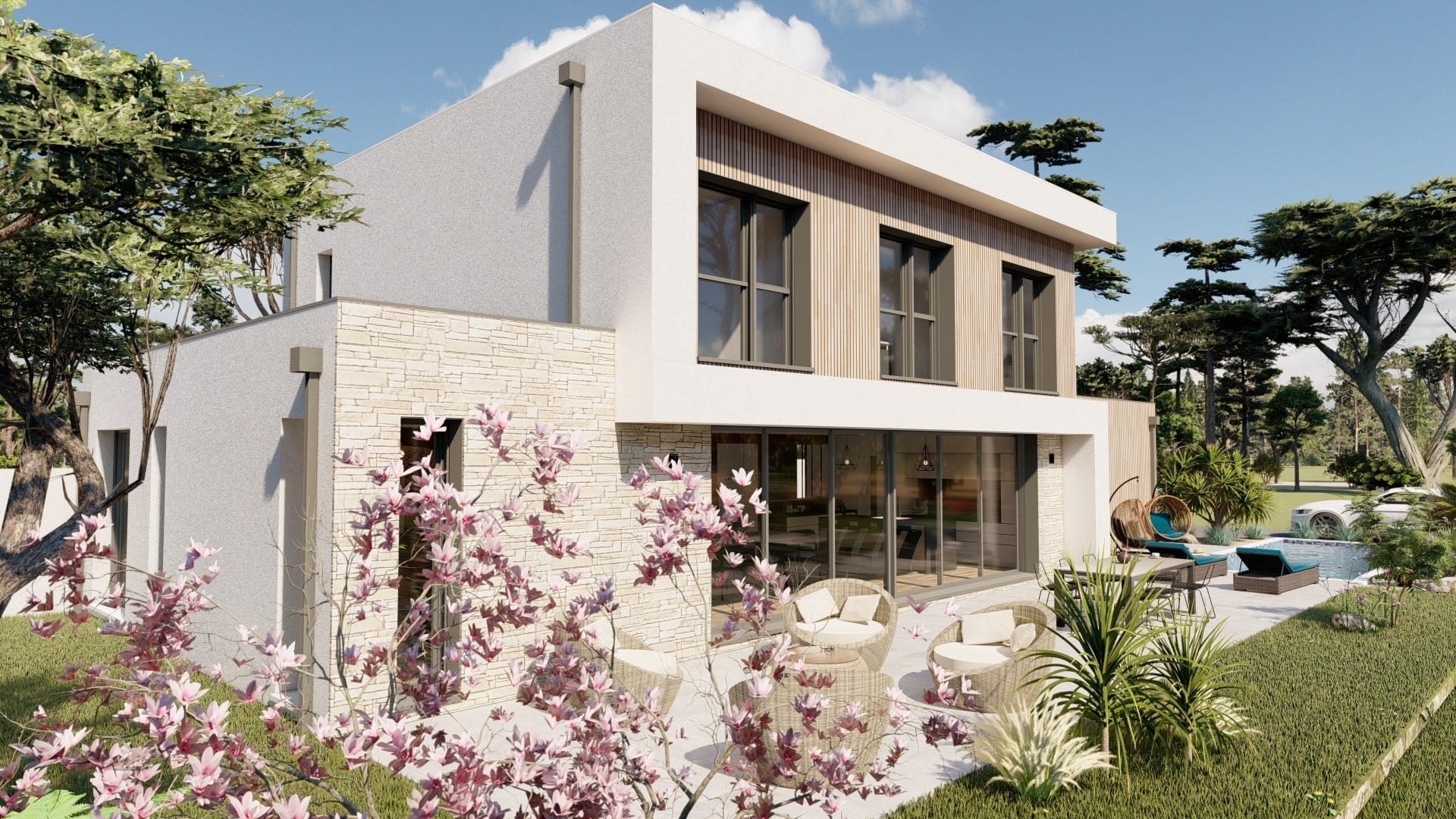 Villa de standing contemporaine ville, matériaux nobles, pierres bois, larges ouvertures, porte-à-faux