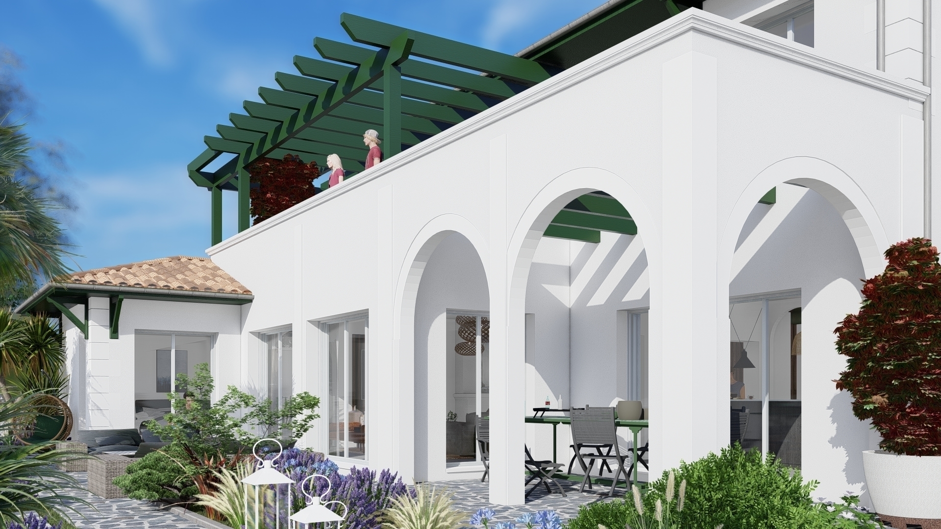 arche, pergola, détails, modénatures, terrasse, pays basque, vert basque