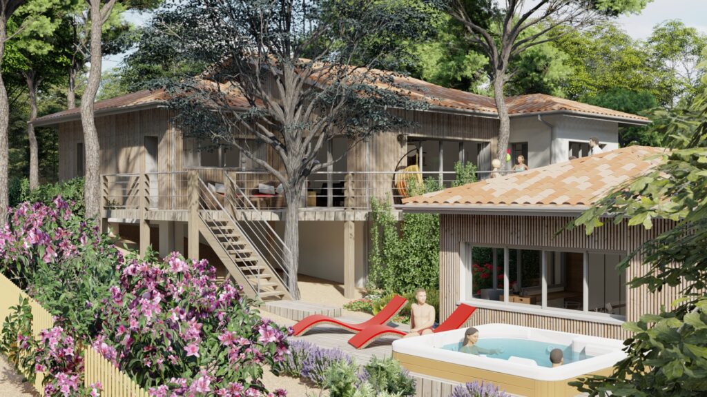 maison cabane sous les pins, terrasses sur pilotis, bardage bois