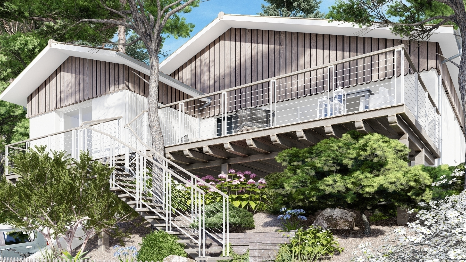 architecture cabane balnéaire, lac, balcon et terrasse sur pilotis, pente, dune, vue, environnement préservé, bardage bois