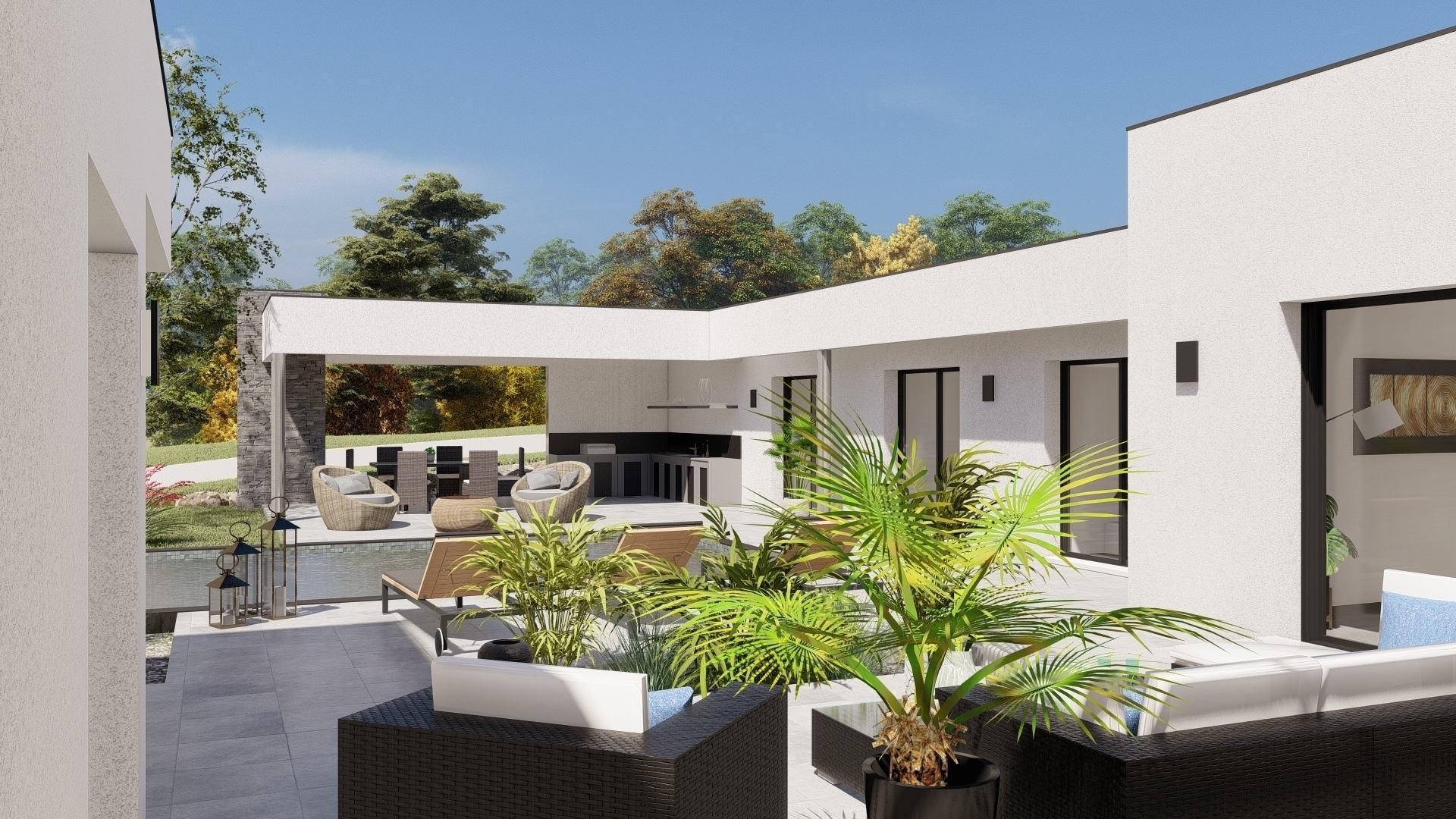 villa contemporaine inspiration californie, jardin terrasse piscine centrale, toit-terrasse mur déco pierre barbecue