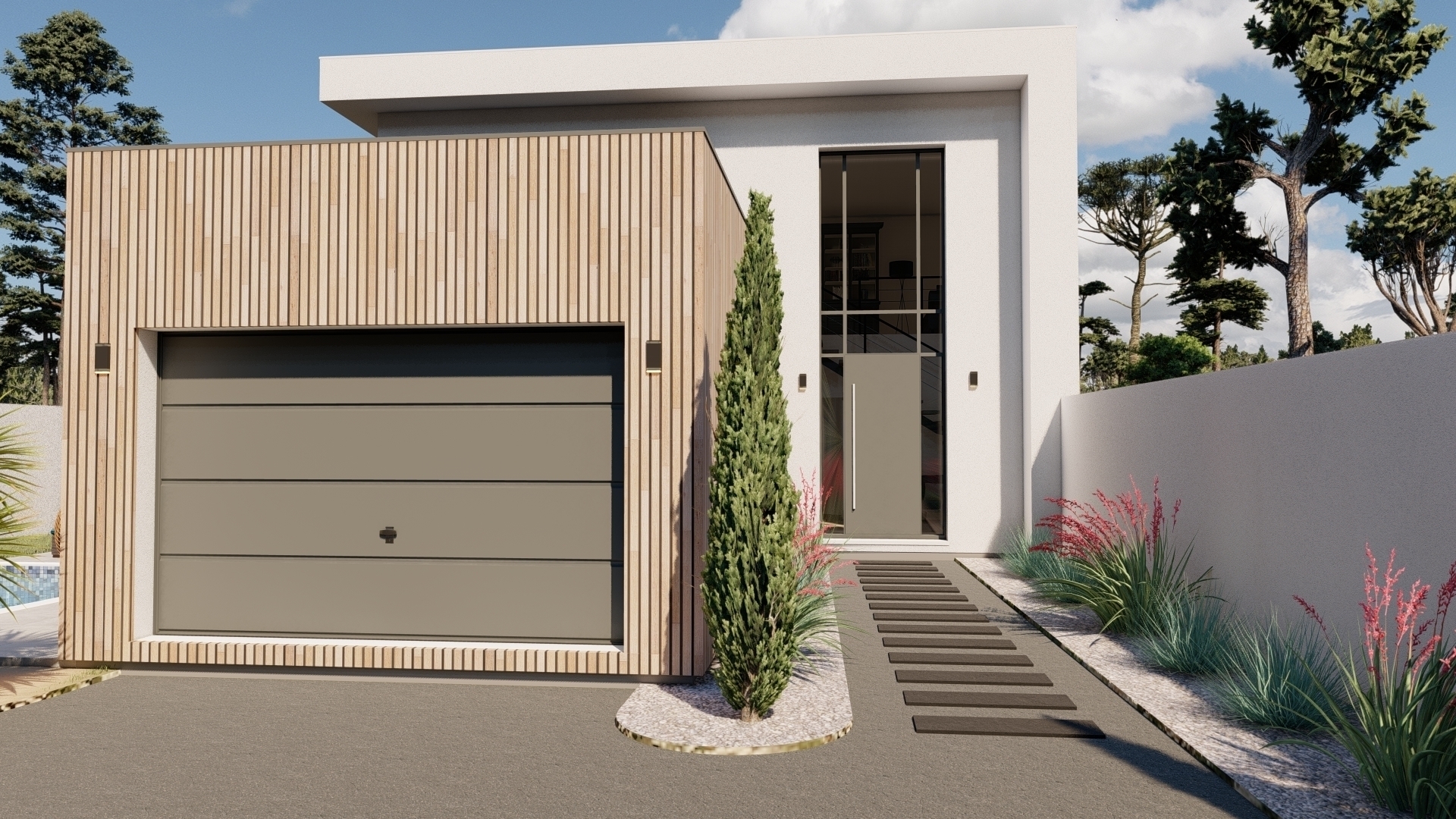 Villa de standing contemporaine ville, matériaux nobles, pierres bois, larges ouvertures, porte-à-faux