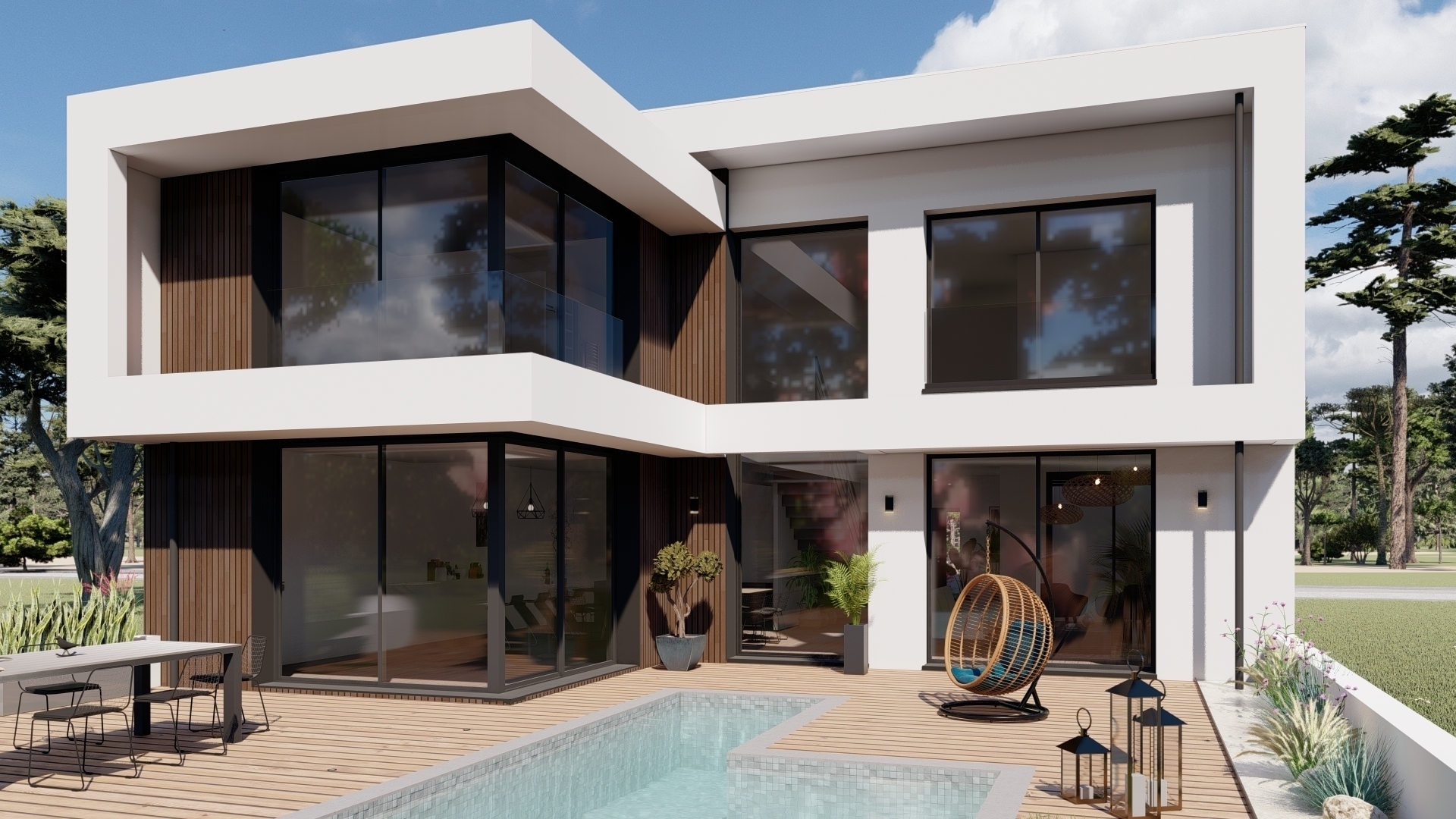 piscine, terrasse, menuiserie sur mesure, baie d'angle