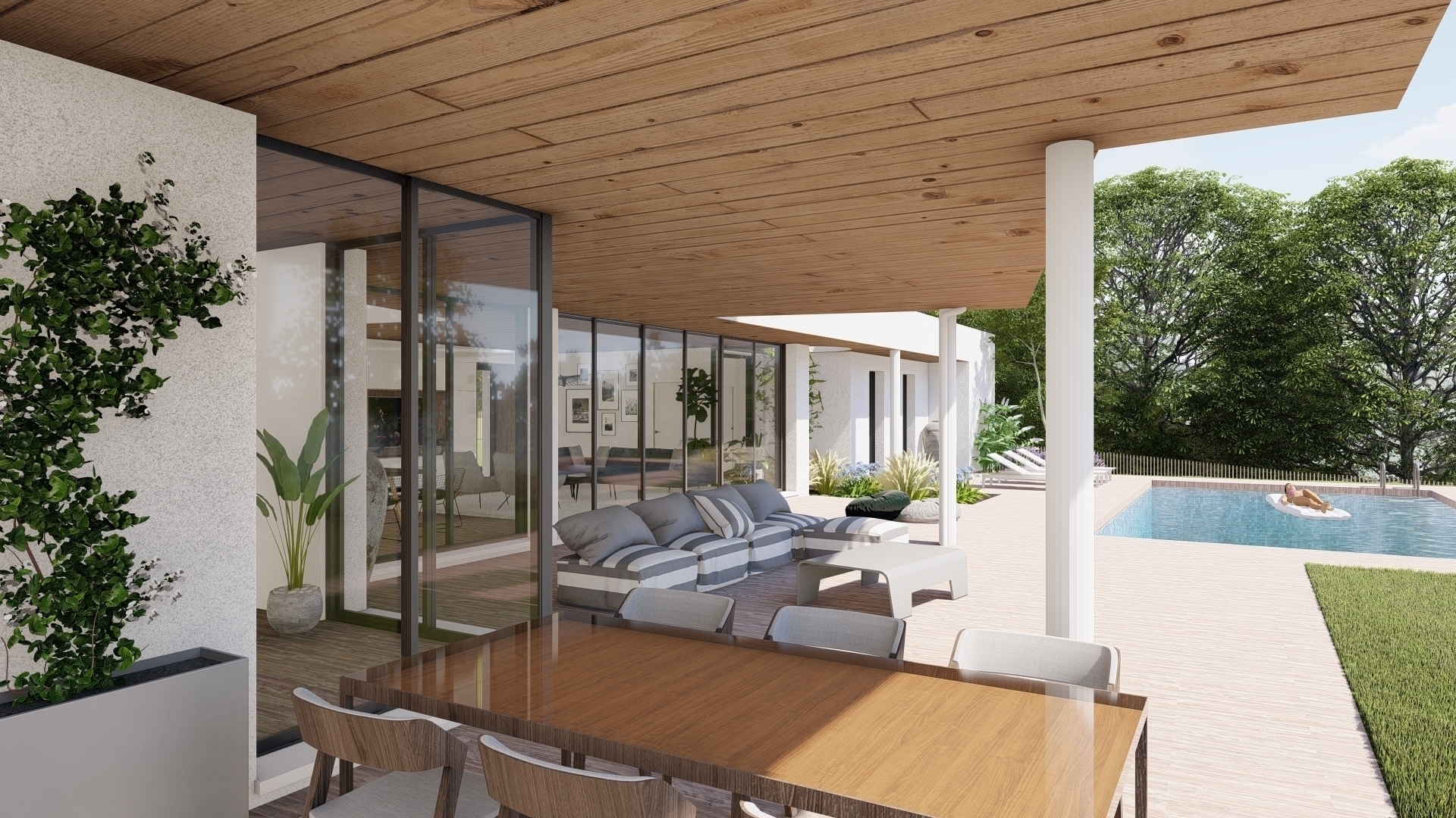 Villa moderne haut standing, menusierie d'angle toute hauteur, espaces extérieurs terrasse couvertes