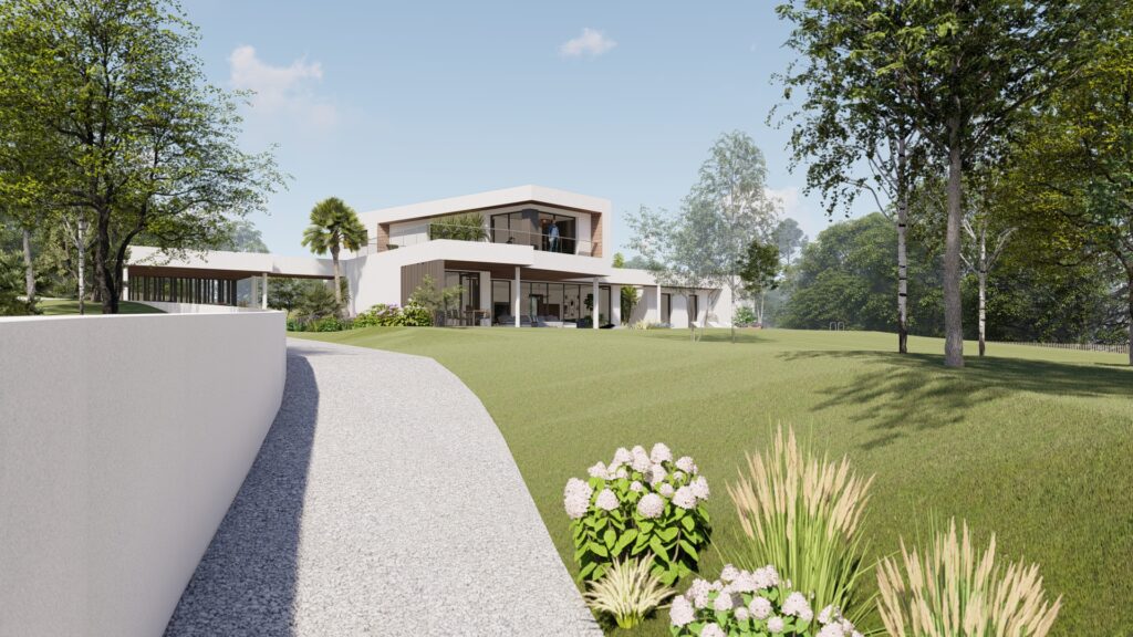 Villa moderne haut standing, menusierie d'angle toute hauteur, espaces extérieurs terrasse couvertes