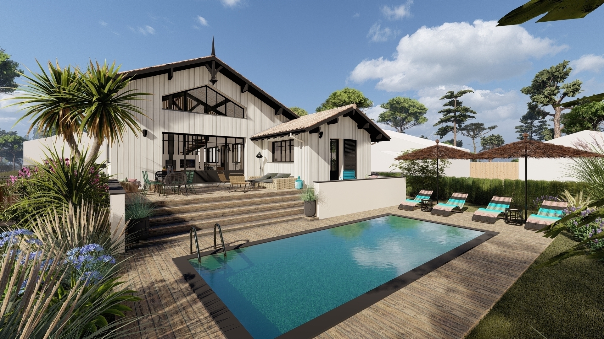 architecture ferret-capienne, menuiserie d'angle, bardage couvre-joint, noir et blanc, piscine, terrasse