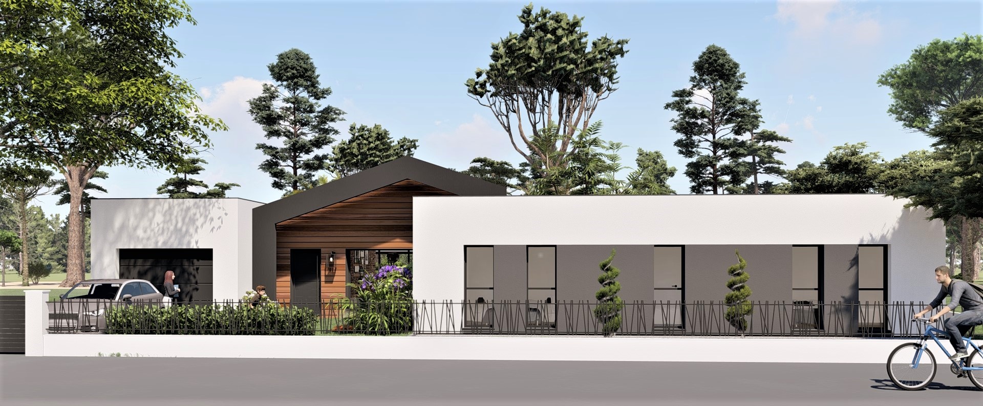 plain-pied contemporain, toit terrasse et toiture asymétrique, large baie 4 vantaux, portique béton, bardage red cedar (1)