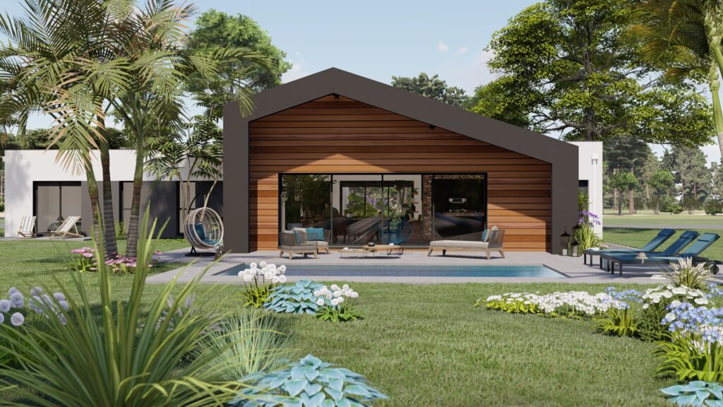 plain-pied contemporain, toit terrasse et toiture asymétrique, large baie 4 vantaux, portique béton, bardage red cedar